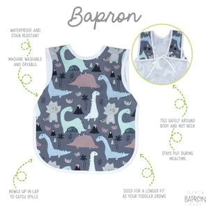 Dinosaur Drawing Bapron for babies, angled view showcasing fun design and practical use during mealtime.