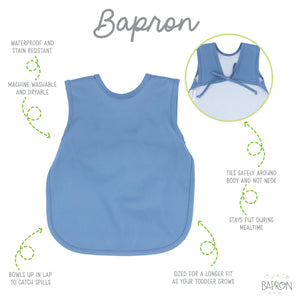 Solid dusty blue minimalist bapron for babies, showcasing a stylish and functional design from angle 4.