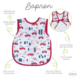 "Be Brave Firefighter Bapron for babies, featuring a fun design and practical coverage, perfect for mealtime messes."
