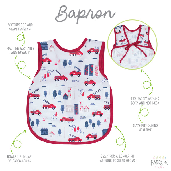 "Be Brave Firefighter Bapron for babies, featuring a fun design and practical coverage, perfect for mealtime messes."