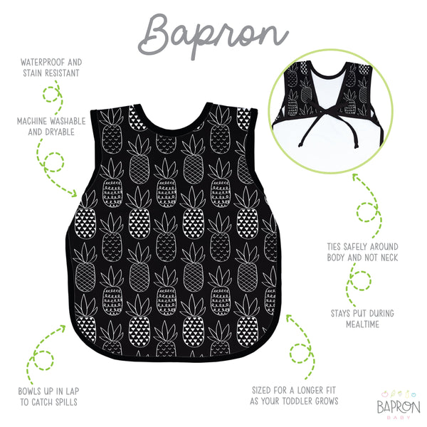 Pineapple monochrome bapron for babies, stylish and practical, shown at angle 4.