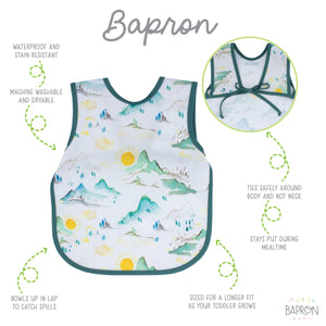Mountain Mist Bapron for babies, angle view showcasing its stylish design and practical features.