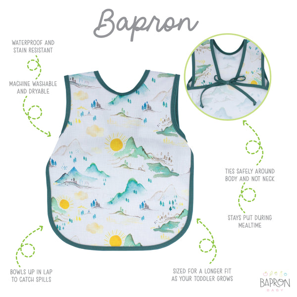 Mountain Mist Bapron for babies, angle view showcasing its stylish design and practical features.