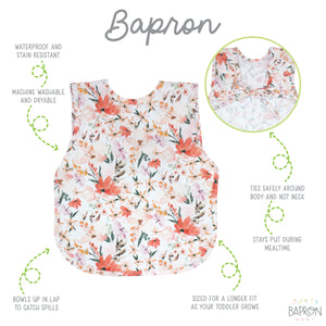 Peachy Dreams Bapron in angle 4 view, featuring a cute peach design for babies. Perfect for mealtime messes!