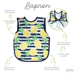 Summer Stripes Pineapple Bapron at an angle, perfect for stylish and practical baby feeding. Limited time sale!