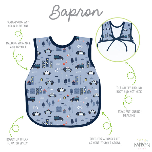 "Be Brave Police Patrol Bapron for babies, stylish and functional, angle view showcasing design and fabric."