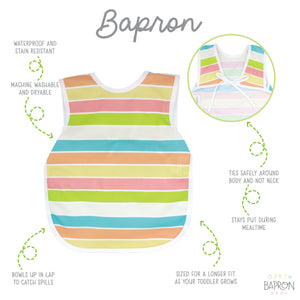Rainbow Stripes Bapron for babies, angle view showcasing vibrant colors and unique design for mess-free feeding.