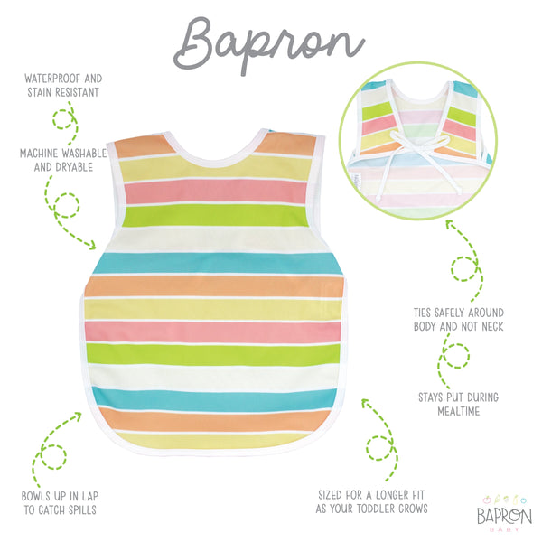 Rainbow Stripes Bapron for babies, angle view showcasing vibrant colors and unique design for mess-free feeding.