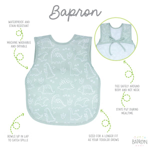 Dino Friends Sage Bapron for preschoolers on sale, shown at angle 4. Perfect for messy playtime!