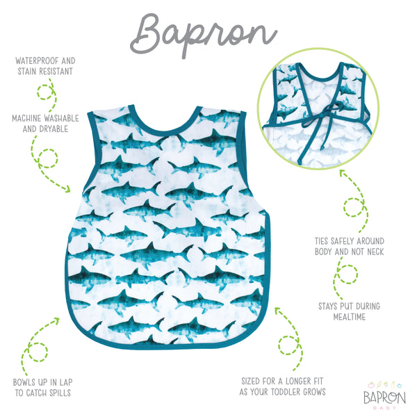 Shark Attack Bapron for babies, angled view showcasing playful shark design and adjustable fit.