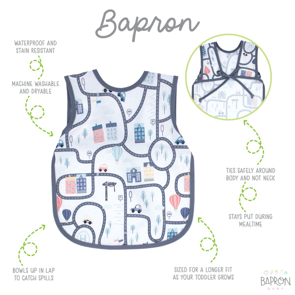 Tiny Town Bapron in angle 4 view, featuring colorful patterns for stylish baby feeding and playtime.