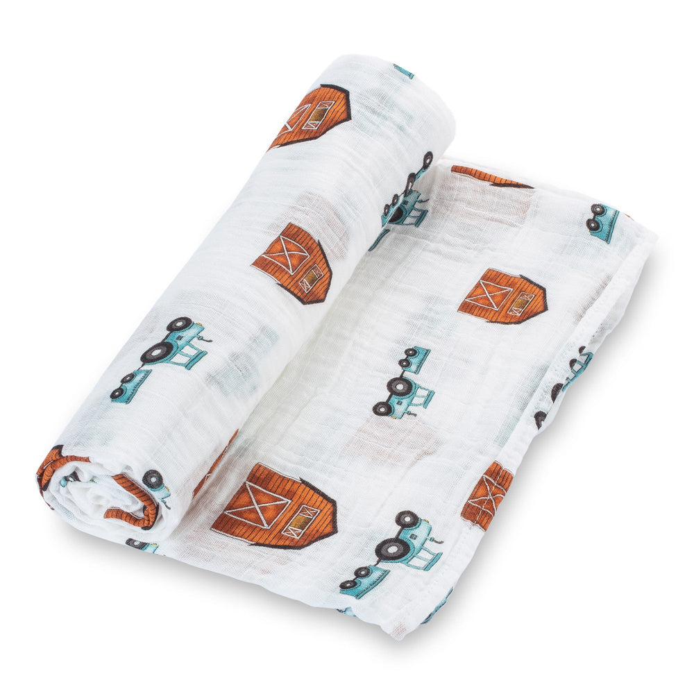 How We Roll Farm Theme Muslin Swaddle Blanket