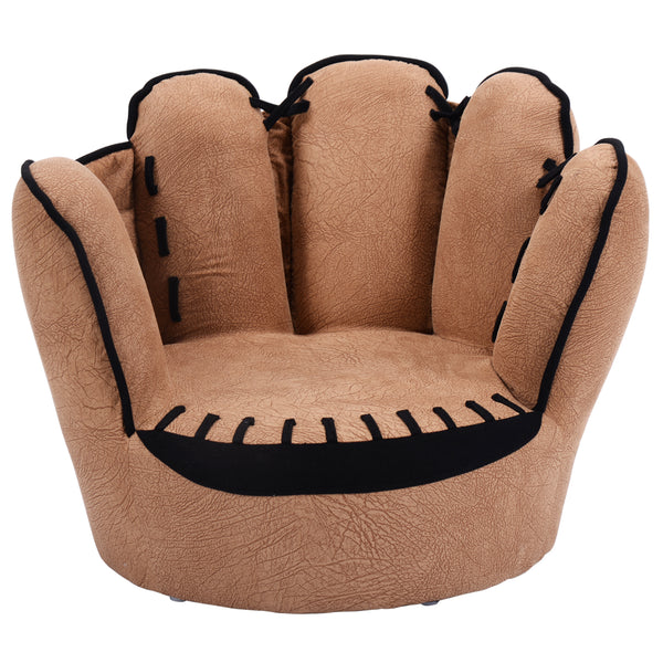 Kids baseball glove-shaped sofa, upholstered leisure seating for playful spaces, shown from angle 2.