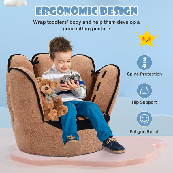 Kids baseball glove-shaped sofa, upholstered leisure seating for playful spaces, angle view 7.