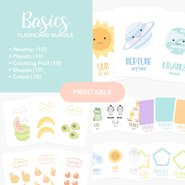 "Basics Flashcards Bundle for early learning and sensory play, featuring colorful educational cards for babies."