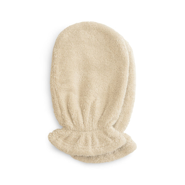 Organic cotton bath mitt for babies, shown from angle 2, soft and gentle for delicate skin.