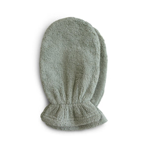 Organic cotton bath mitt for babies, soft and gentle, shown at angle 6. Perfect for bath time care.