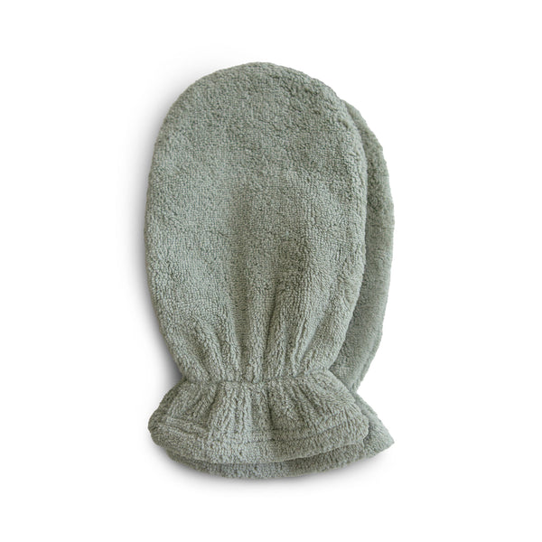 Organic cotton bath mitt for babies, soft and gentle, shown at angle 6. Perfect for bath time care.