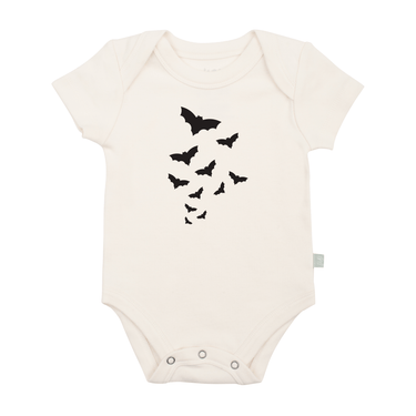 Cute short sleeve graphic bodysuit featuring playful bats for babies. Perfect for stylish and comfy outfits.