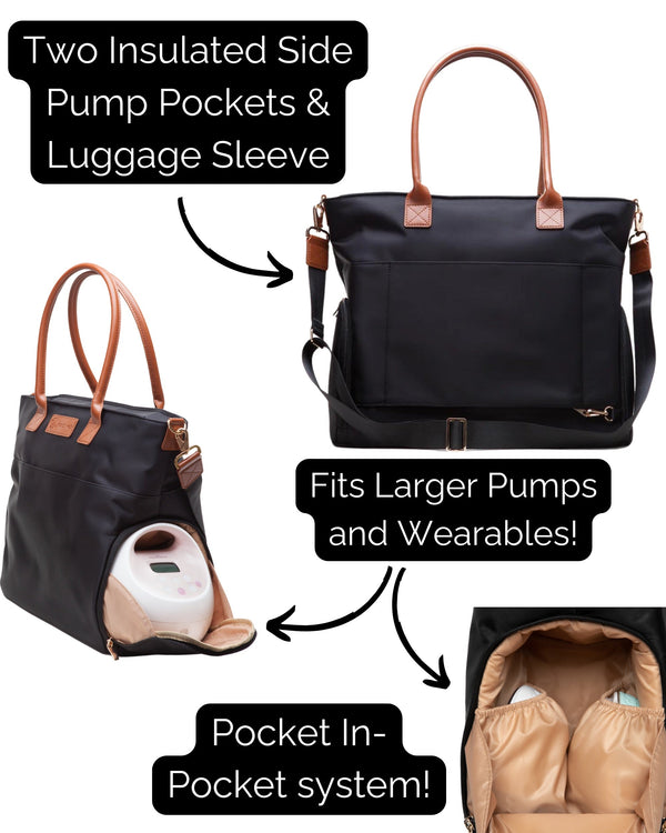 Sarah Wells Abby Breast Pump Tote – Real Leather Straps – Insulated Pockets, Laptop Storage & Easy-Clean Interior