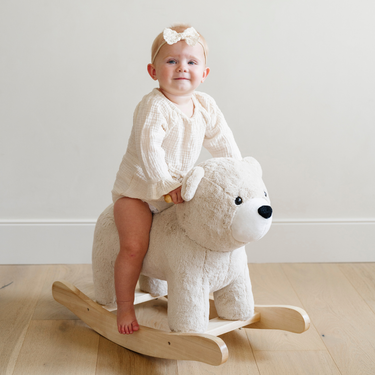 "Adorable stuffed animal rockers for babies, perfect for fun and safe playtime in swings, rockers, and bouncers."