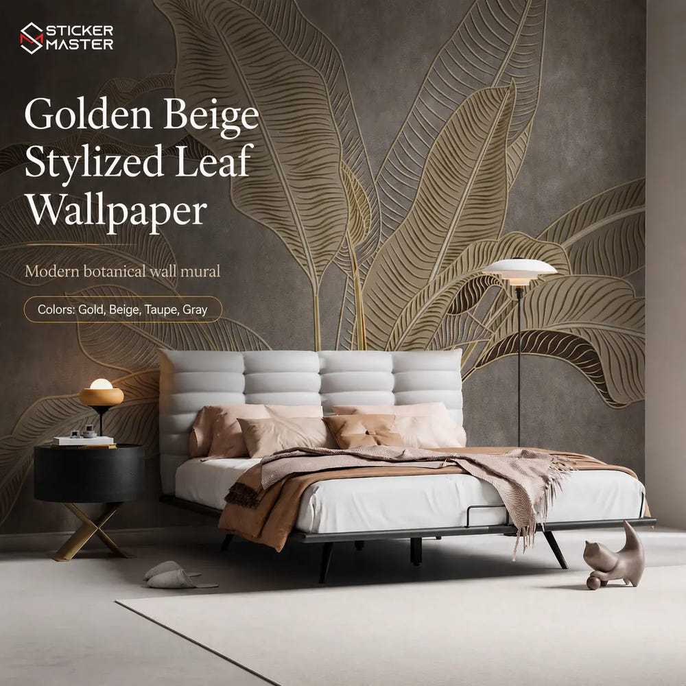Golden Beige Stylized Leaf Wallpaper for Bedroom & Living Room Walls by Sticker Master