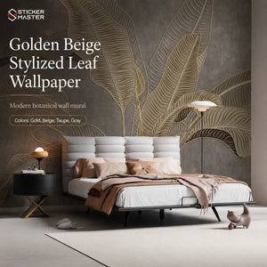 Golden Beige Stylized Leaf Wallpaper for Bedroom & Living Room Walls by Sticker Master