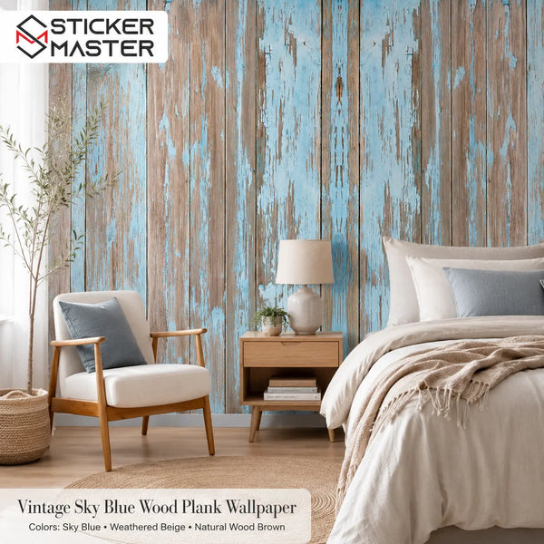 Vintage Sky Blue Wood Plank Wallpaper / Rustic Wood Wall Mural by Sticker Master