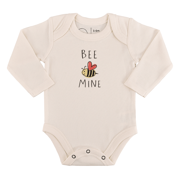 Long sleeve graphic bodysuit "Bee Mine" for babies, perfect for comfort and style.