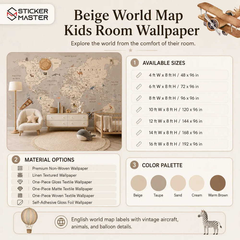 Adventure Beige World Map Kids Room Wallpaper Mural by Sticker Master