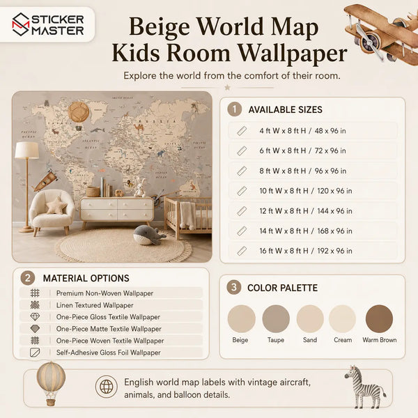 Adventure Beige World Map Kids Room Wallpaper Mural by Sticker Master