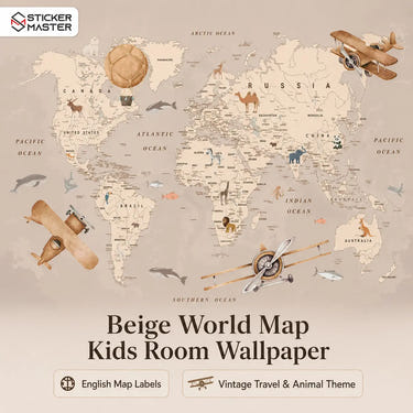Adventure Beige World Map Kids Room Wallpaper Mural by Sticker Master