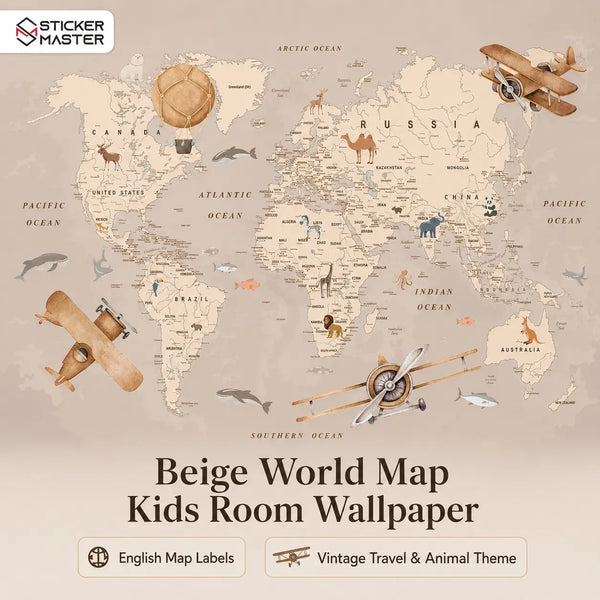 Adventure Beige World Map Kids Room Wallpaper Mural by Sticker Master