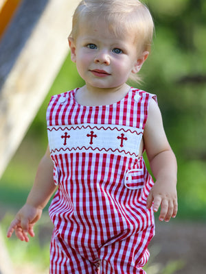 Red Plaid Smocked Church Christ Bishop Christening Baby Boys' Romper