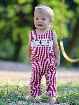 Red Plaid Smocked Church Christ Bishop Christening Baby Boys' Romper