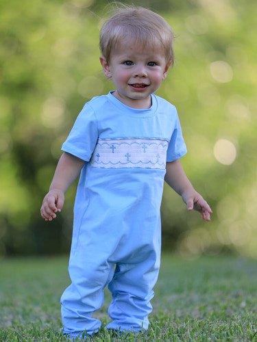 Blue Smocked Church Christ Bishop Christening Baby Boys' Romper