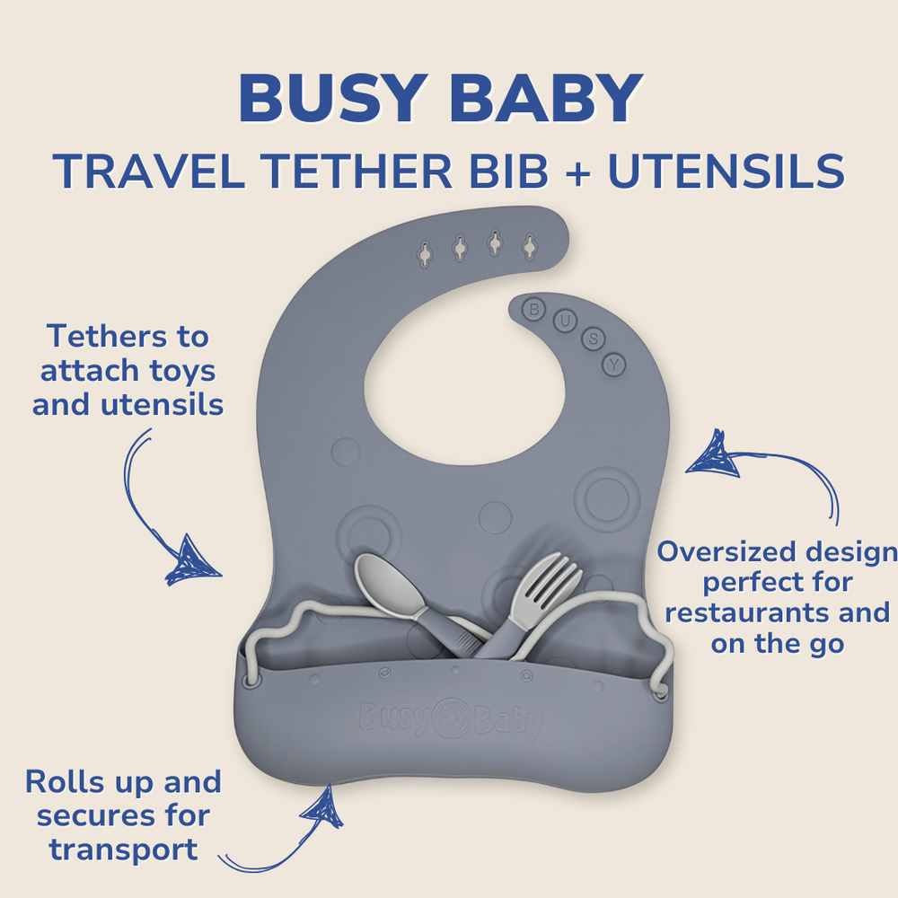 Silicone Travel Tether Bib with utensils for mess-free feeding on-the-go. Ideal for babies and toddlers.