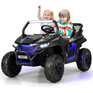 12V 2-seater kids UTV ride-on toy with slow start and music, angled view showcasing design and features.