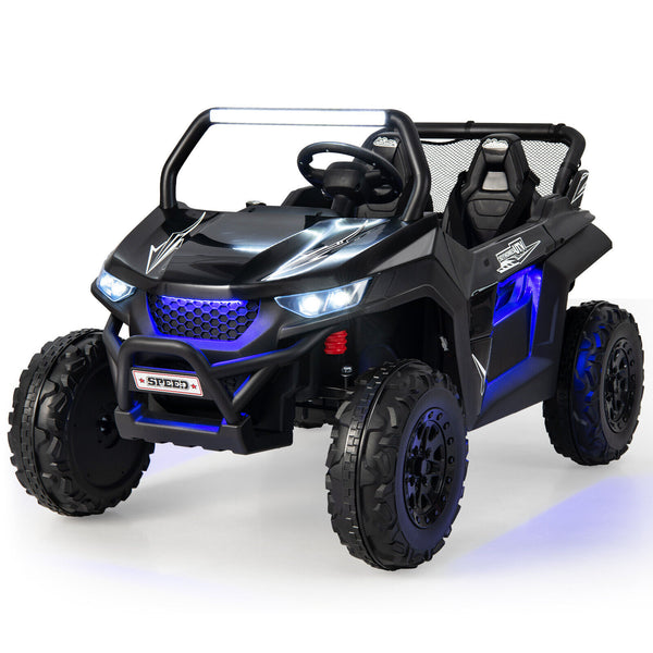 12V 2-seater kids UTV ride-on toy with slow start function and music, angled view showcasing vibrant design.