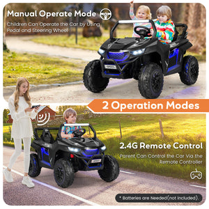 12V 2-seater kids UTV ride-on toy with slow start function and music, angled view showcasing design and features.