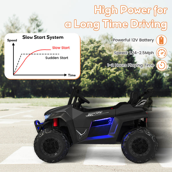 12V 2-seater kids UTV ride-on toy with slow start and music, angled view showcasing vibrant design and features.