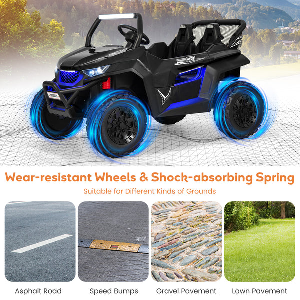 12V 2-seater kids UTV ride-on toy with slow start function and music, angled view showcasing design and features.