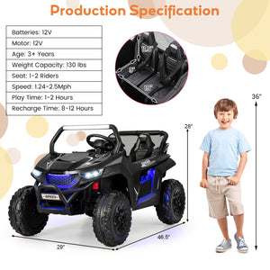 12V 2-seater kids UTV ride-on toy with slow start function and music, angled view showcasing design and features.