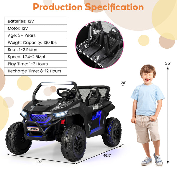 12V 2-seater kids UTV ride-on toy with slow start function and music, angled view showcasing design and features.