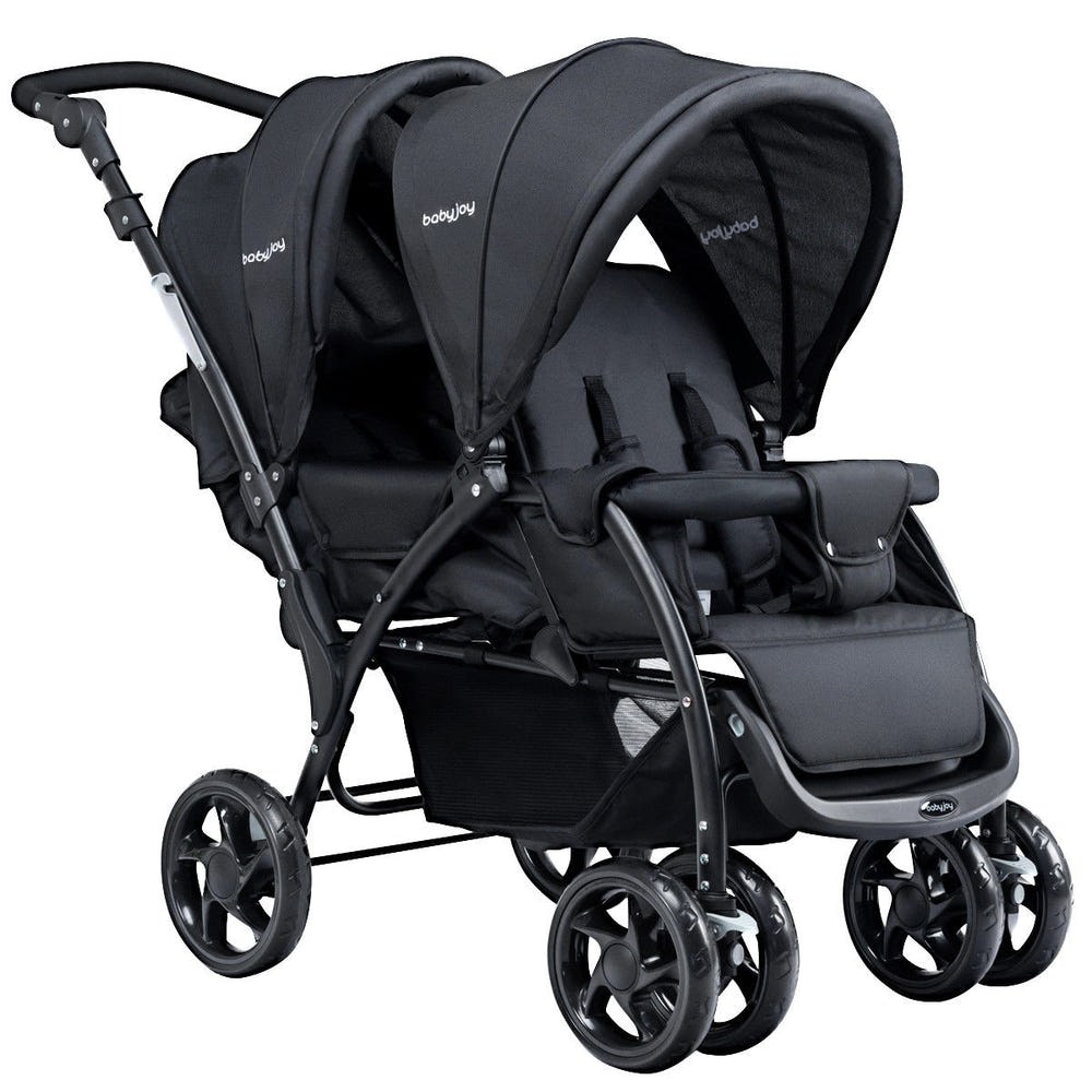Foldable lightweight double baby stroller with front and back seats, perfect for travel and easy storage.