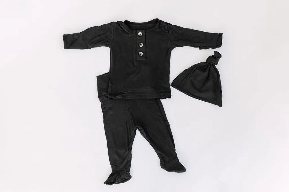 Newborn baby boy black outfit set with top, bottom, and hat - stylish onesie for infants.