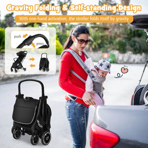Lightweight one-hand folding baby stroller with aluminum frame, angled view, perfect for on-the-go parents.