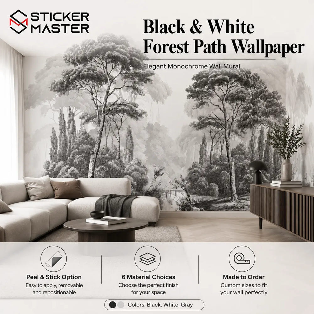 Timeless Black & White Forest Path Wall Mural Wallpaper by Sticker Master