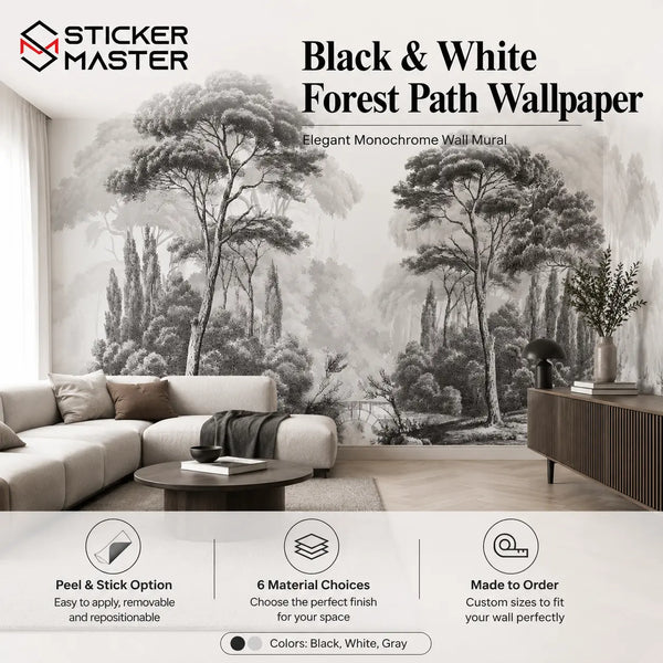 Timeless Black & White Forest Path Wall Mural Wallpaper by Sticker Master