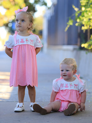 Fall Pink Ballet Embroidery Bow Polka Dot Dress